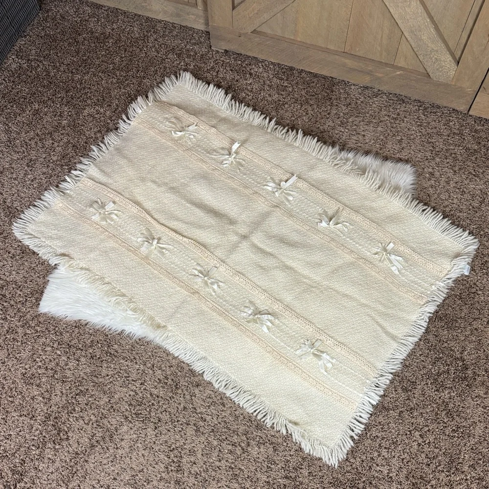 Irish baby blanket by Branigan Weavers Cream color with lace and satin bows